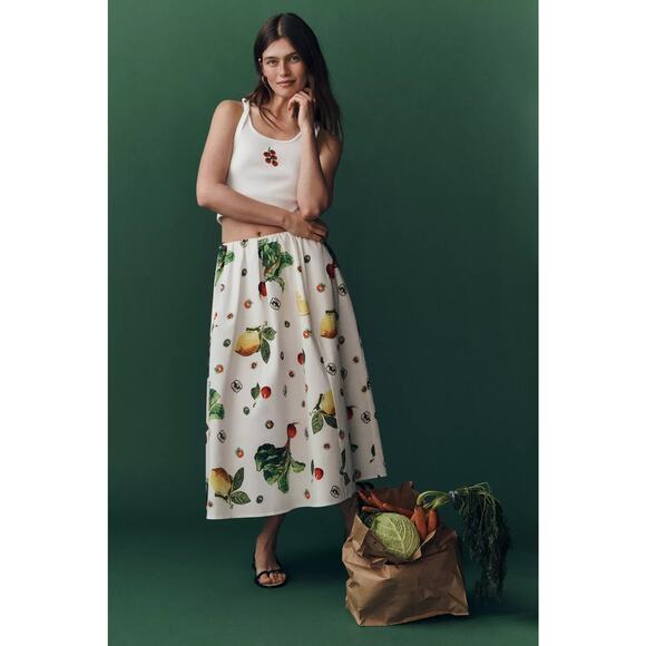 nwt ANTHROPOLOGIE MAEVE sz XL The Jacie Poplin Veggie Printed Midi Skirt - Picture 1 of 5